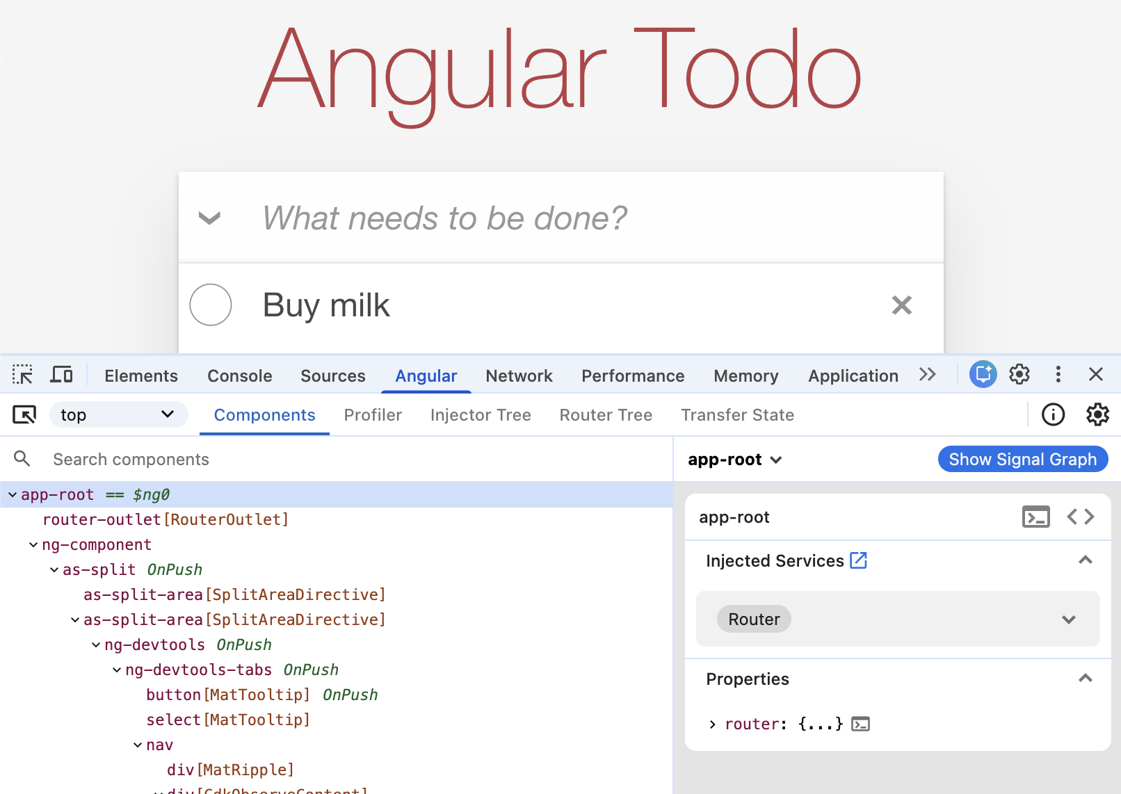 An overview of Angular DevTools showing a tree of components for an application.